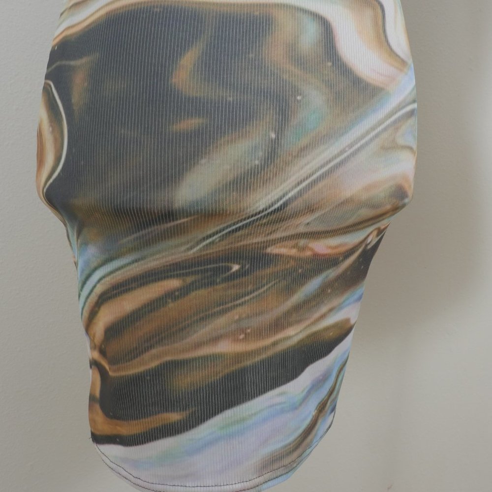 Pretty Little Thing Blue Brown Green Marble Design Size 4 Sleeveless Mini Dress - Picture 11 of 11